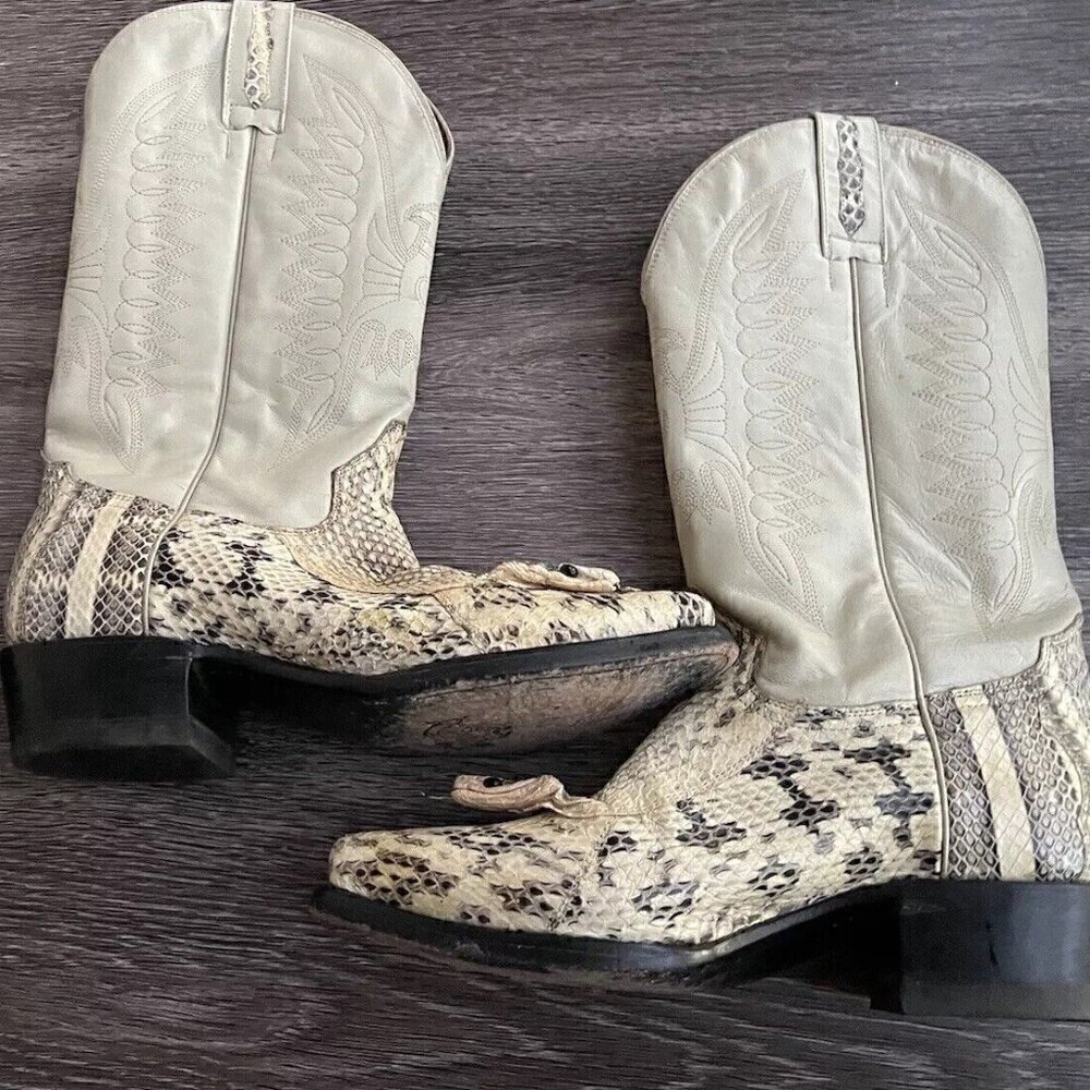 Cazador Cowboy Western Ranch Boots Cobra Head Snake Skin White Men’s Sz 8